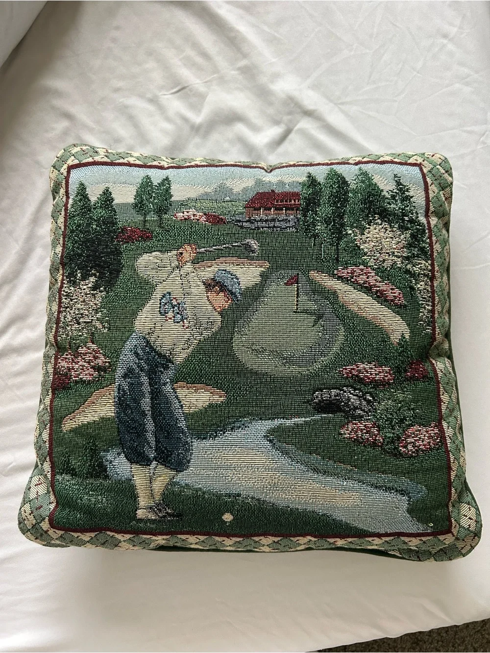 Vintage Decorative Golf Scene Tapestry Throw Pillow - Green